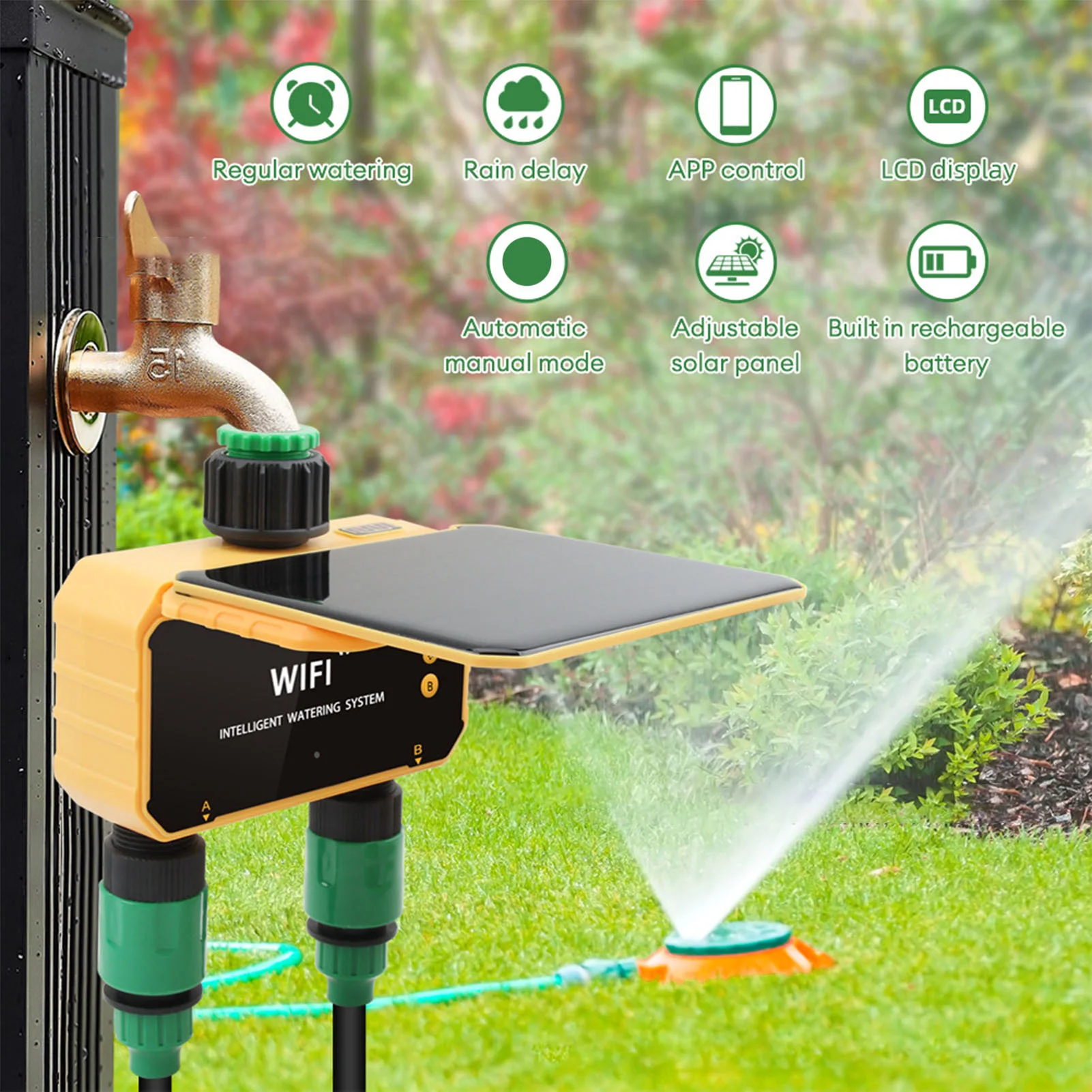 Smart Garden Watering - ソーラーWiFiスマート灌漑タイマー雨感知機能APP制御2口自動散水タイマー庭用スプリンクラー